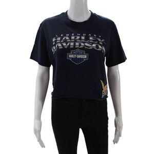 Riley Womens Graphic Print Cropped Pullover T-Shirt Top Navy Size XS/S